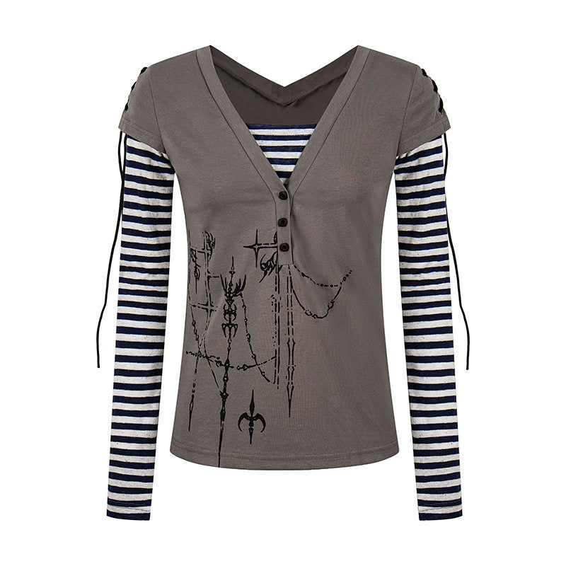 Damen Lagen-Langarmshirt mit V-Ausschnitt, Streifen-Innenlayer und Schnürdetail Drune