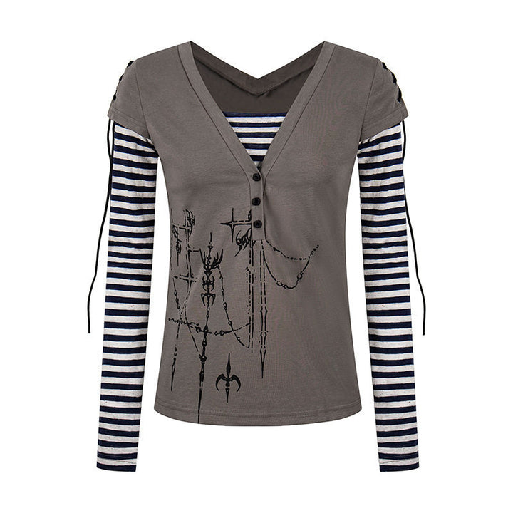 Damen Lagen-Langarmshirt mit V-Ausschnitt, Streifen-Innenlayer und Schnürdetail Drune