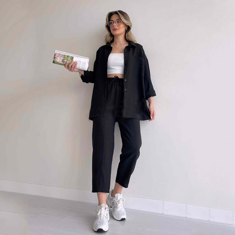 Damen lässige Loungewear-Kombination mit leichtem Leinenhemd und elastischer Hose Drune