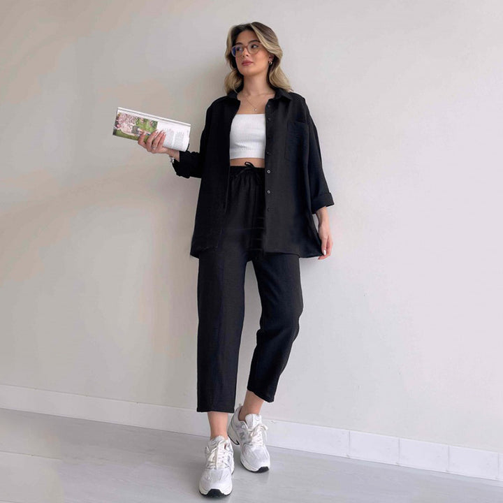 Damen lässige Loungewear-Kombination mit leichtem Leinenhemd und elastischer Hose Drune