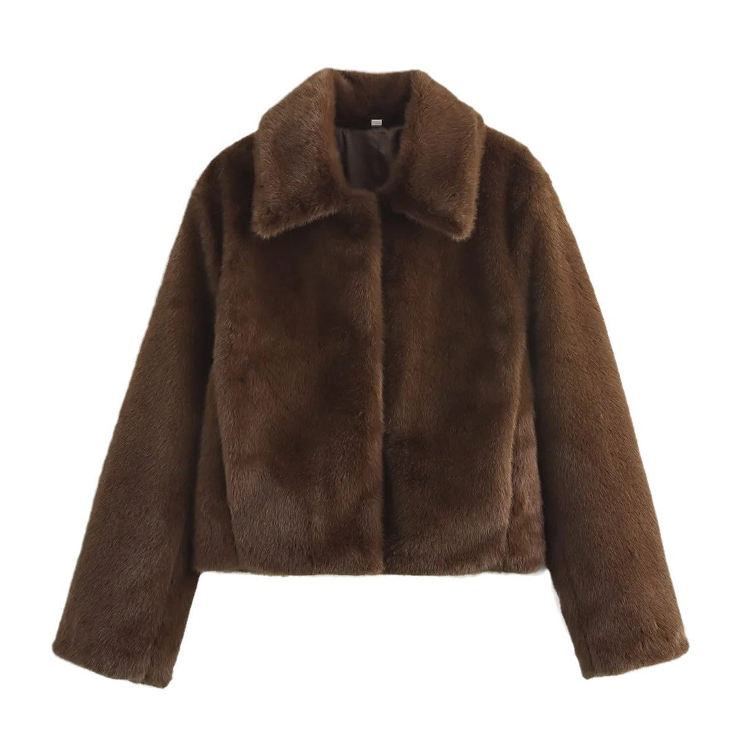 Damen 100+ kurzer Kunstfellblouson mit Hemdkragen, weicher Wattierung und verdeckter Knopfleiste Drune