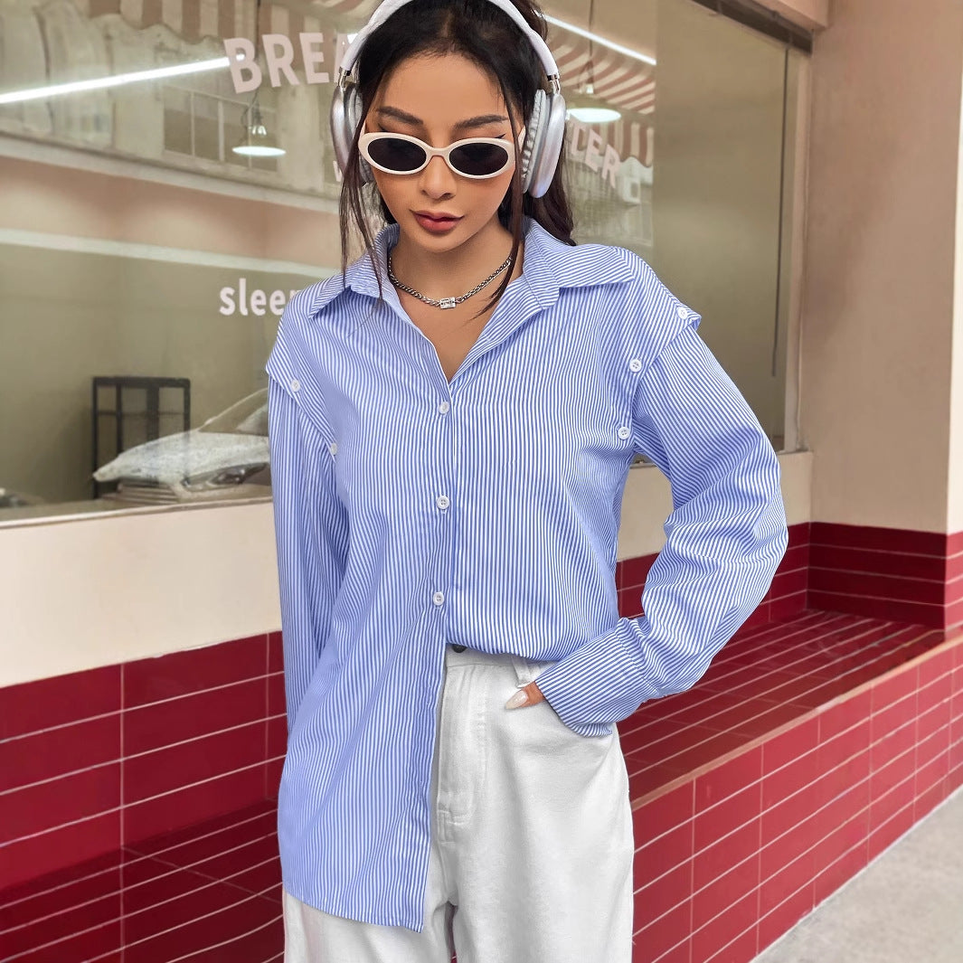 Damen lässige gestreifte Bluse mit übergroßem Schnitt und Knopfdetails Drune