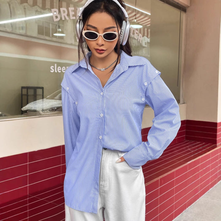 Damen lässige gestreifte Bluse mit übergroßem Schnitt und Knopfdetails Drune