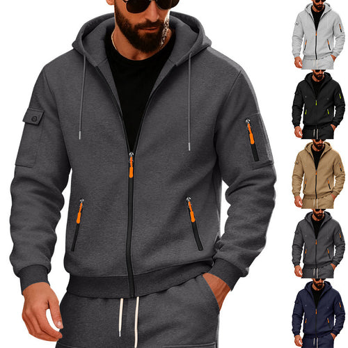 Herren Kapuzen-Sweatjacke mit durchgehendem Reißverschluss und mehreren Sicherheits-Taschen Drune