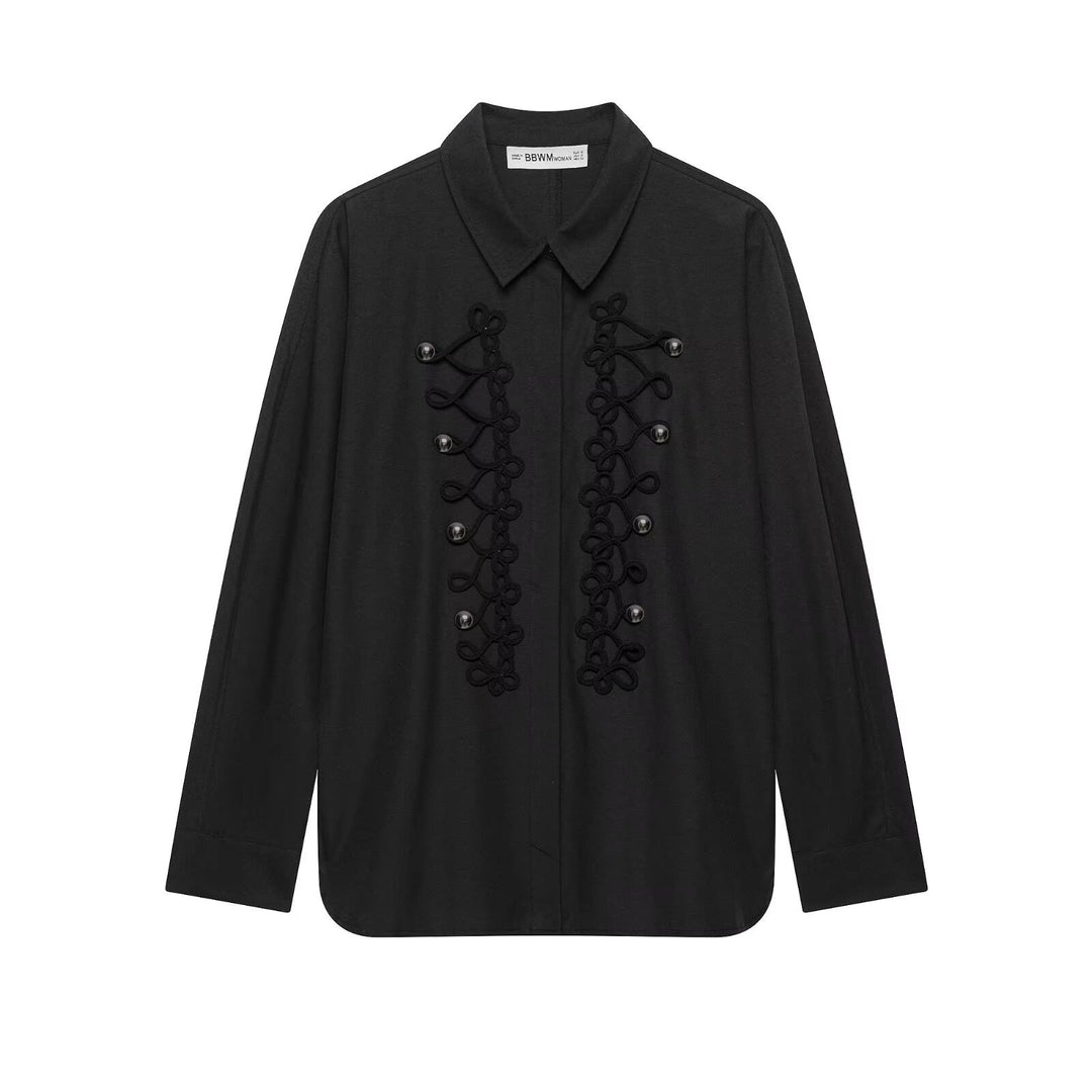 Damen Hemdbluse mit ornamentaler Froschverzierung und verdeckter Knopfleiste Drune