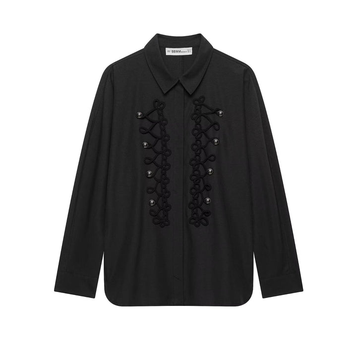 Damen Hemdbluse mit ornamentaler Froschverzierung und verdeckter Knopfleiste Drune