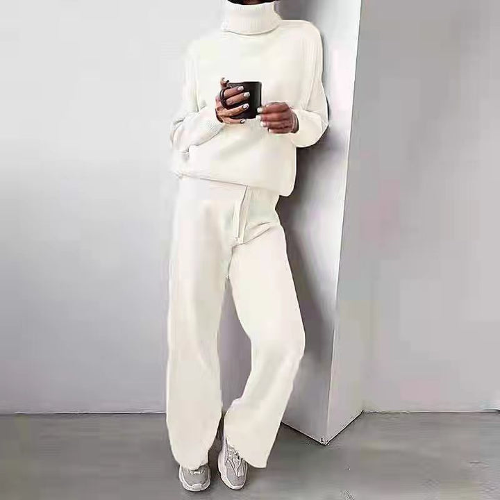 Damen kuscheliges Strick-Loungewear-Set mit weiten Hosen und elegantem Rundhalsausschnitt Drune