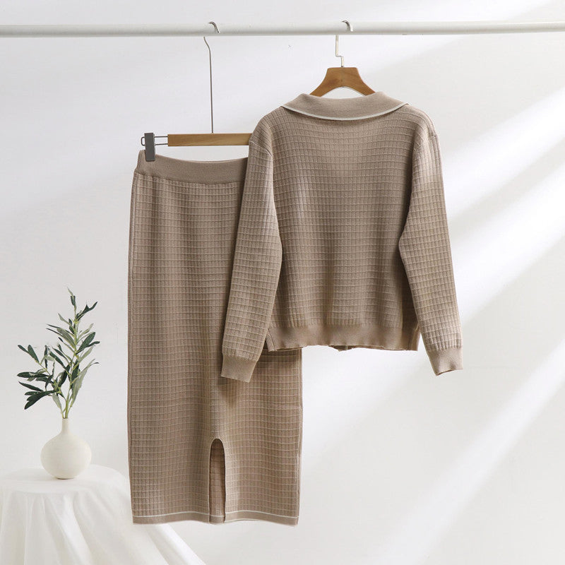 Damen elegantes Strickensemble mit dekorativem Kragen und aufgesetzten Taschen Drune