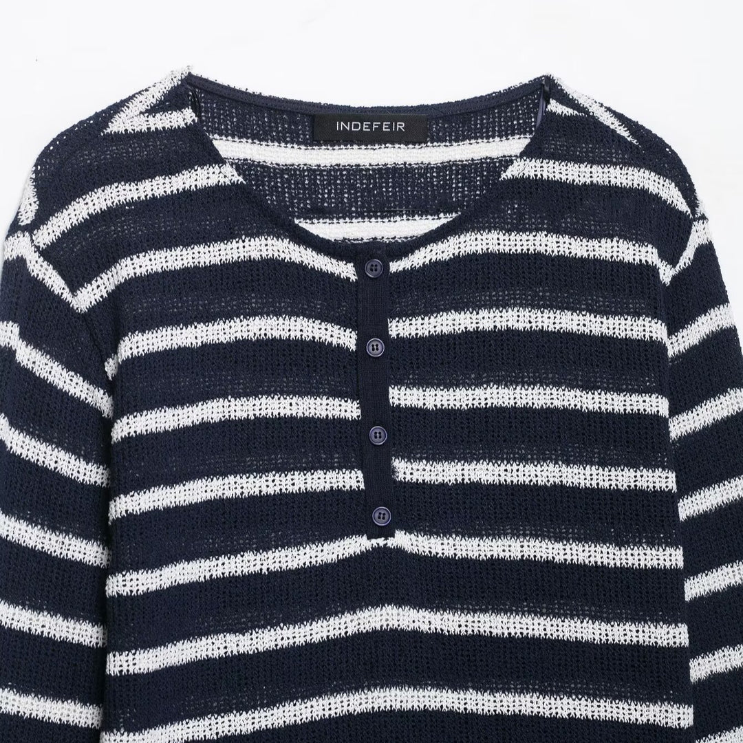 Damen Streifensweater mit Knopfleiste und leichtem Strukturstrick Drune