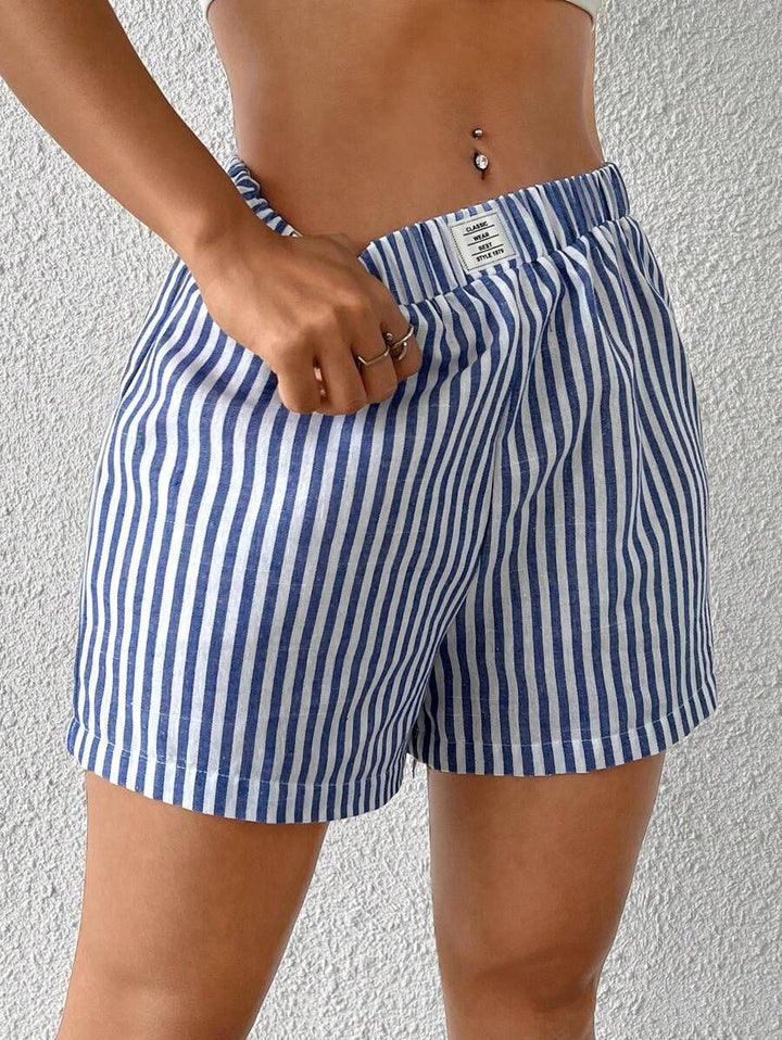 Damen gestreifte Shorts aus leichter Baumwolle mit elastischem Bund Drune