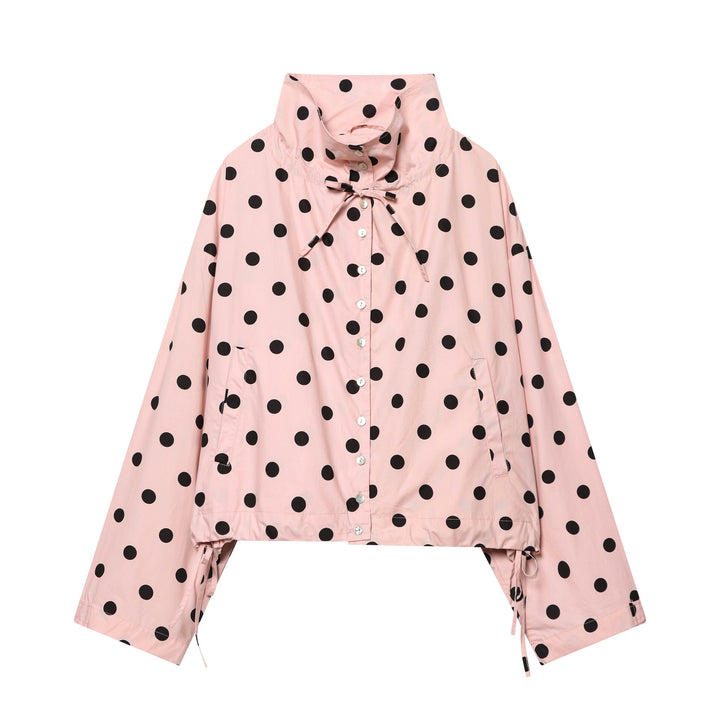 Damen Gepunktete Cropped‑Blousonjacke mit hohem Stehkragen, Tunnelzug und Knopfleiste Drune