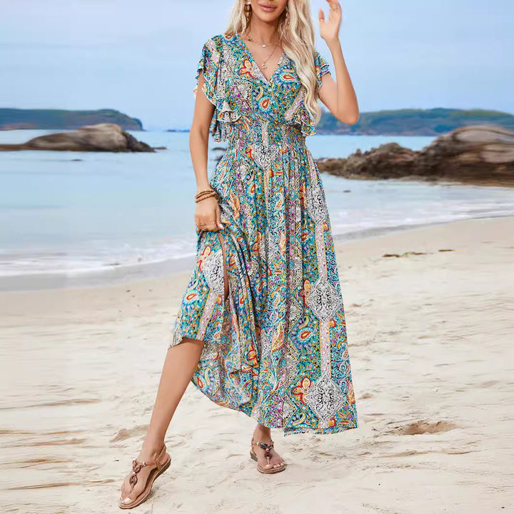 Damen Maxikleid mit verspieltem Mustermix und Rüschendetails Drune