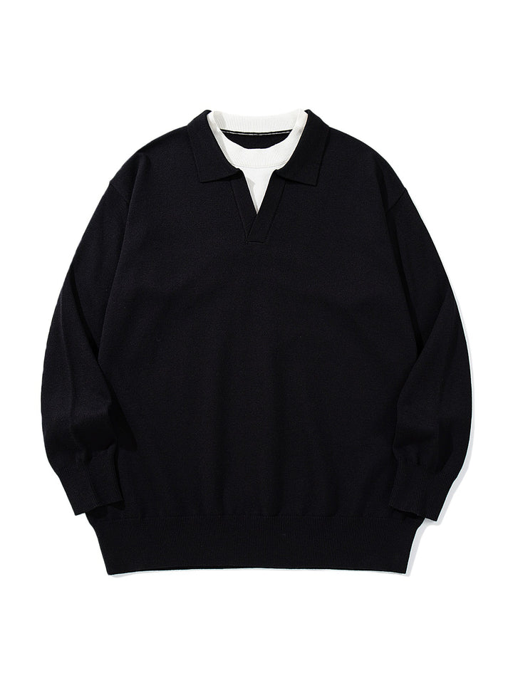 Unisex Feinstrick-Polo mit V‑Ausschnitt‑Cutout und integriertem Rollkragen-Layer Drune