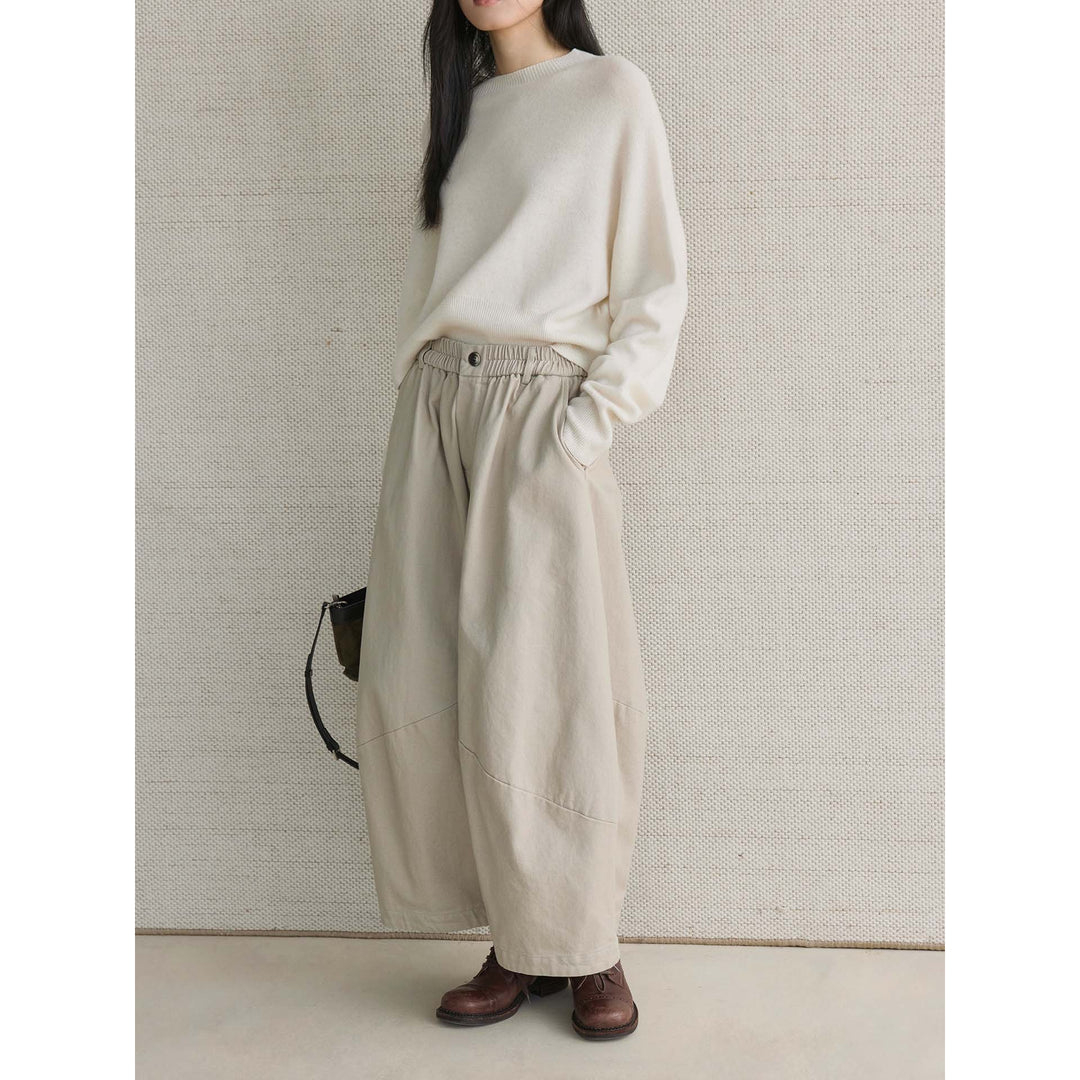 Damen Weite Culotte-Hose aus Baumwollmix mit hohem Elastbund und Bundknopf Drune