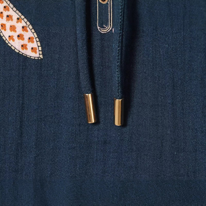 Damen Boho-Tunika‑Midikleid mit Paisley‑Print, Ballonärmeln und Tunnelzug Drune