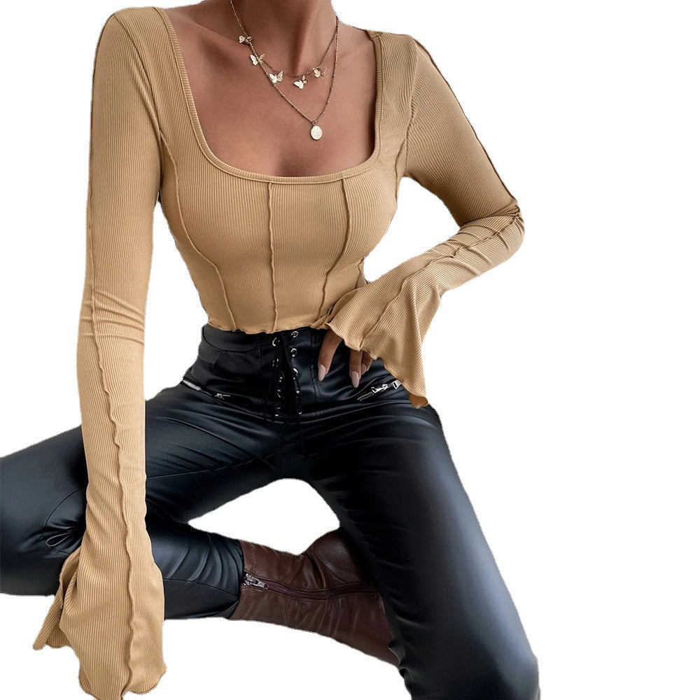Damen Couture Crop-Top mit quadratischem Ausschnitt und langen Ärmeln Drune