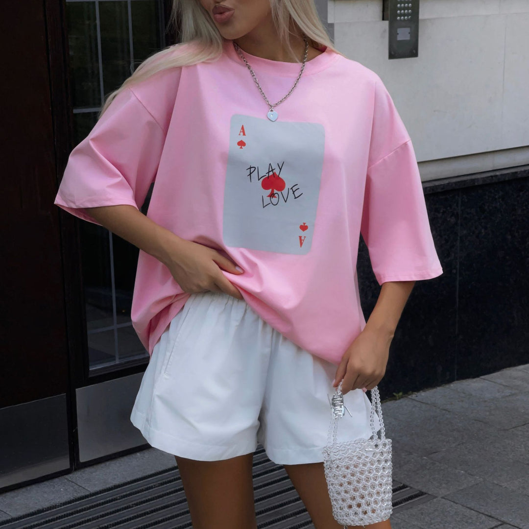 Damen Lässiges T-Shirt mit kreativem Kartenmotiv Drune