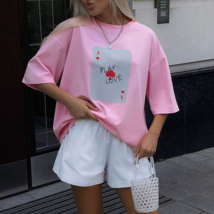 Damen Lässiges T-Shirt mit kreativem Kartenmotiv Drune