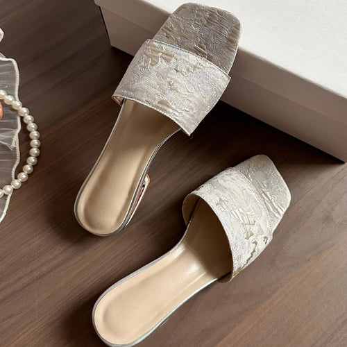 Damen Bestickte Mules mit quadratischer Zehenbox und kleinem Blockabsatz Drune