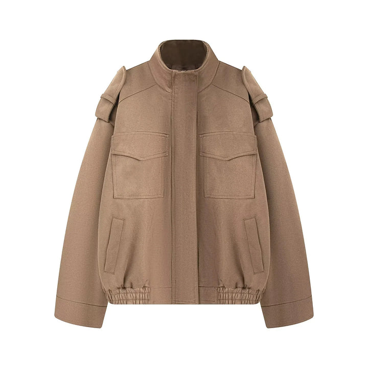 Damen nan kastiger Wollmix-Bomber mit Schulterklappen, Pattentaschen und elastischem Saum Drune