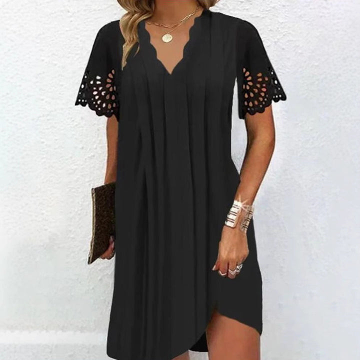 Damen nan leichtes Sommerkleid mit gezacktem V-Ausschnitt Ajourärmeln und geschwungenem Saum Drune