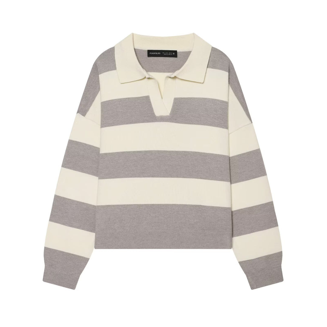 Damen Oversize Rugby-Pullover mit Polokragen und breiten Blockstreifen Drune