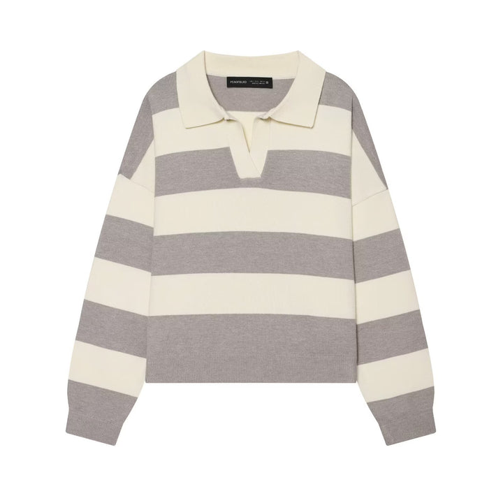 Damen Oversize Rugby-Pullover mit Polokragen und breiten Blockstreifen Drune