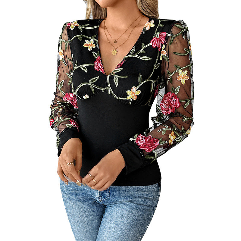 Damen Elegante Bluse mit floralen Spitzenärmeln Drune