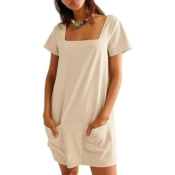Damen Lockeres Sommerkleid mit Quadrat-Ausschnitt und praktischen Taschen Drune
