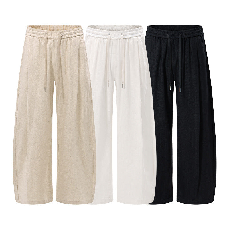 Herren Weite Leinen-Baumwoll-Hose mit Kordelzug und Taschen Drune