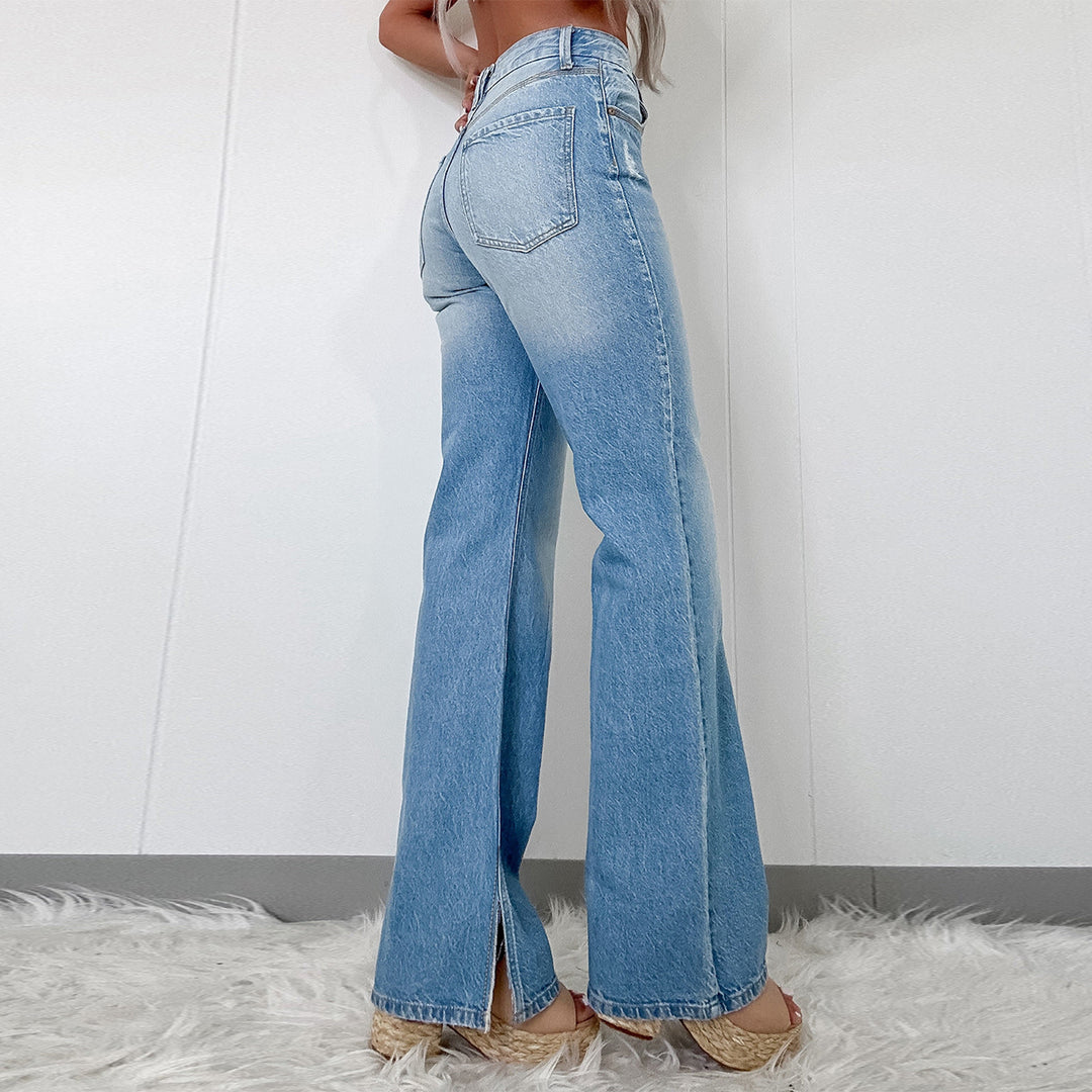 Damen hochtaillierte Schlaghose aus Denim mit Frontschlitz und weitem Bein Drune