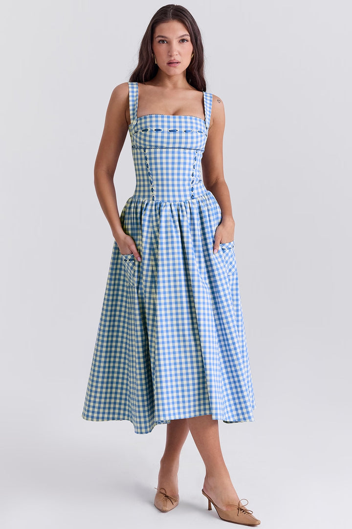Damen Midikleid im klassischen Karomuster mit elastischem Oberteil und praktischen Taschen Drune