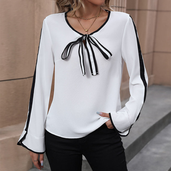 Damen Elegante Chiffon-Bluse mit Kontrastpaspel, SchleifenbindDruneand und Trompetenärmeln Drune