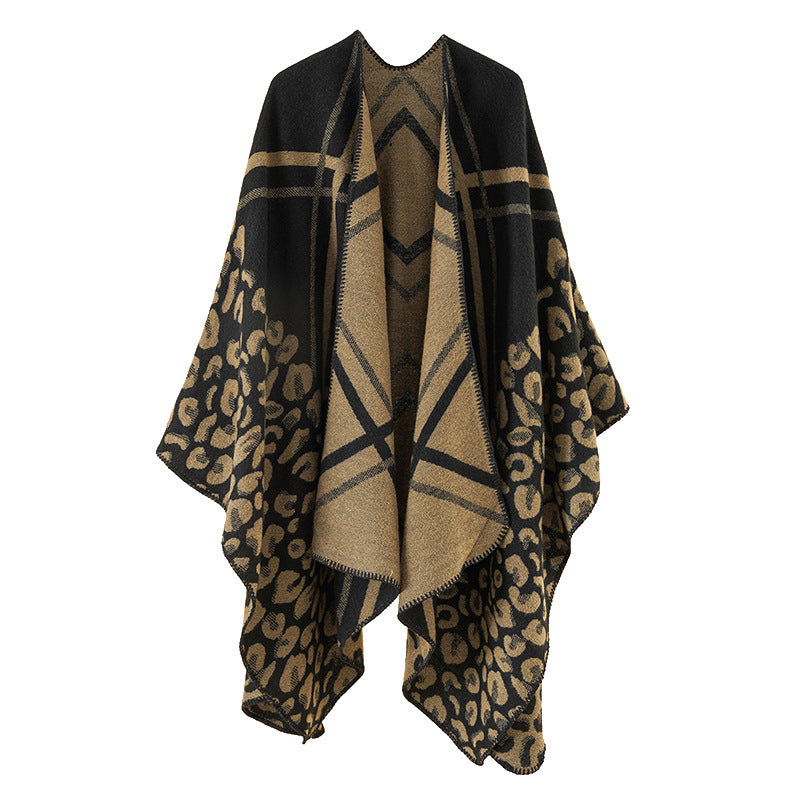 Damen Oversize-Ruana-Poncho mit Jacquardmix, Leoparden- und Karomuster Drune