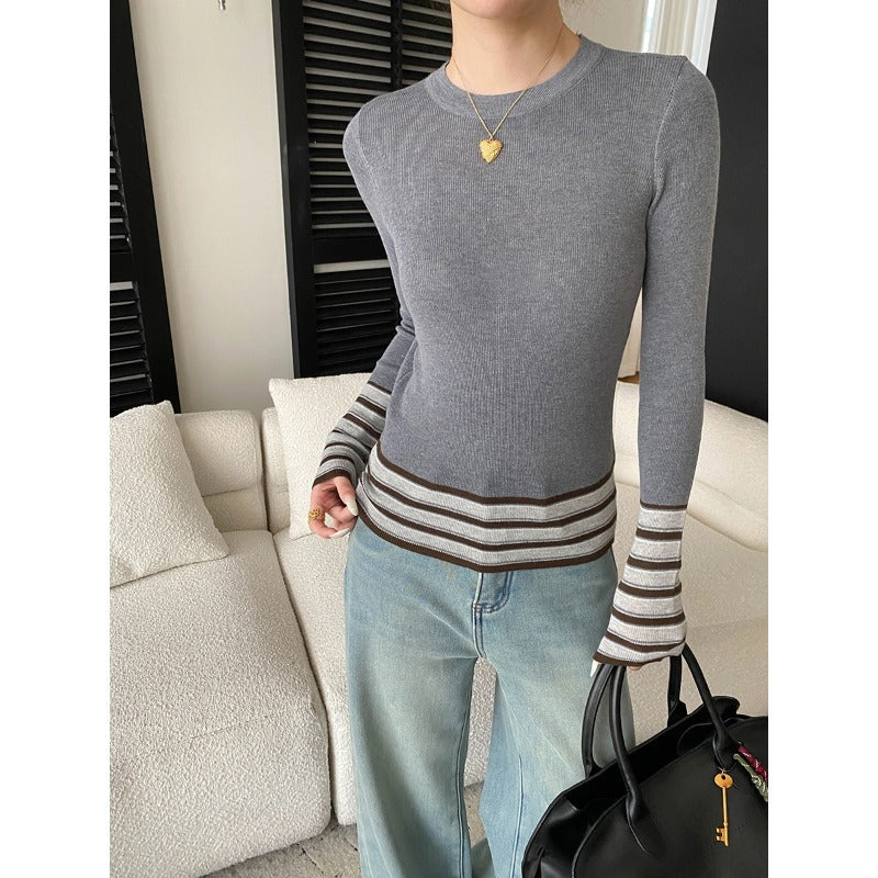 Damen eleganter Strickpullover mit modischen Streifen Drune