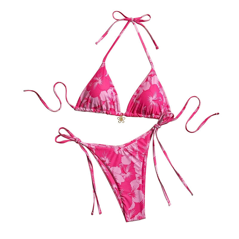 Damen Triangel-Bikini mit floralen Mustern und feinen Bindebändern Drune