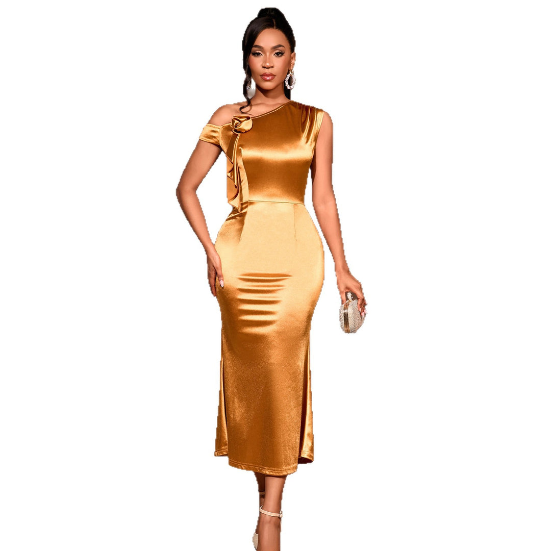 Damen elegantes Satin-Cocktailkleid mit einem Schulterdesign und Rüschenakzent Drune