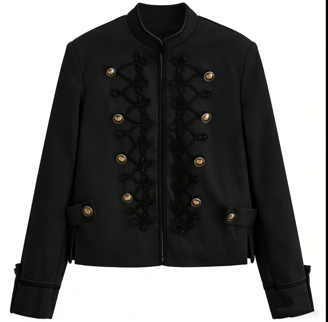 Damen Militärinspirierte Kurzjacke mit Stehkragen, Zierkordeln und Goldknöpfen Drune