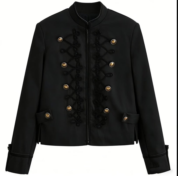 Damen Militärinspirierte Kurzjacke mit Stehkragen, Zierkordeln und Goldknöpfen Drune