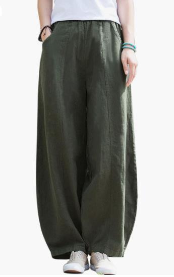 Damen weite Leinenhose mit elastischem Bund und praktischen Taschen Drune