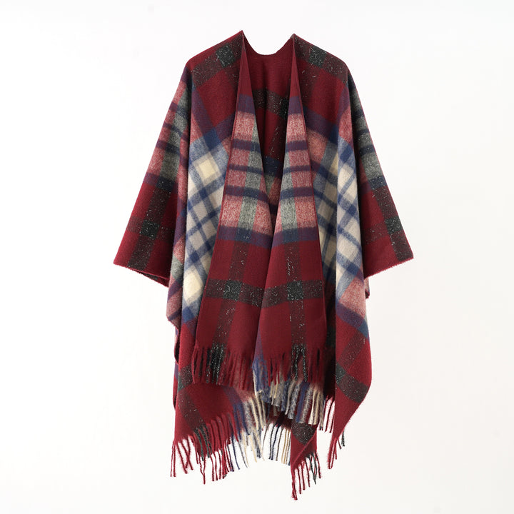 Damen Übergroßer Karierter Wollponcho mit Fransen Drune