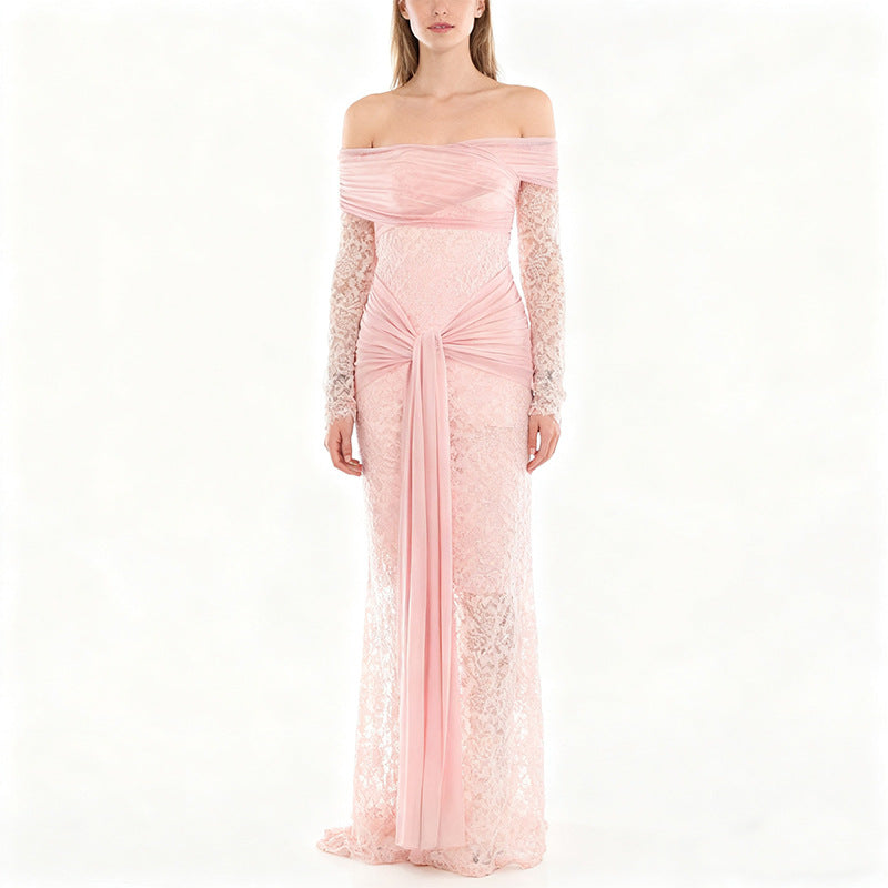 Damen Elegantes Spitzenkleid mit Off-Shoulder-Ausschnitt und Drapierungen Drune