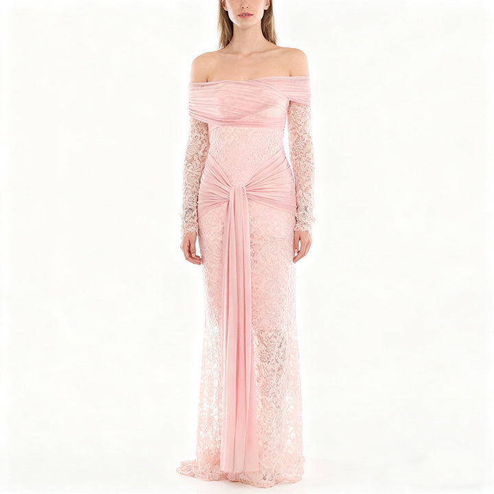 Damen Elegantes Spitzenkleid mit Off-Shoulder-Ausschnitt und Drapierungen Drune