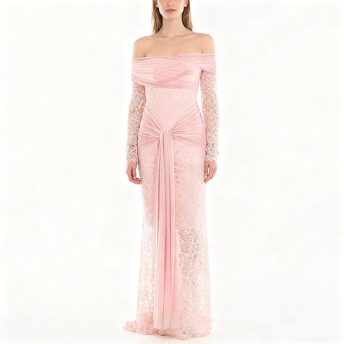 Damen Elegantes Spitzenkleid mit Off-Shoulder-Ausschnitt und Drapierungen Drune