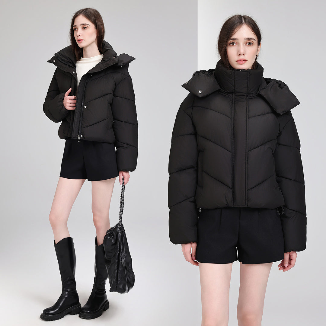 Damen Kurze Pufferjacke mit voluminösem Stehkragen und abnehmbarer Kragenkapuze Drune