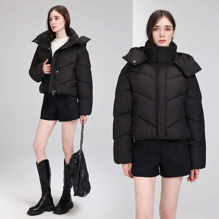 Damen Kurze Pufferjacke mit voluminösem Stehkragen und abnehmbarer Kragenkapuze Drune