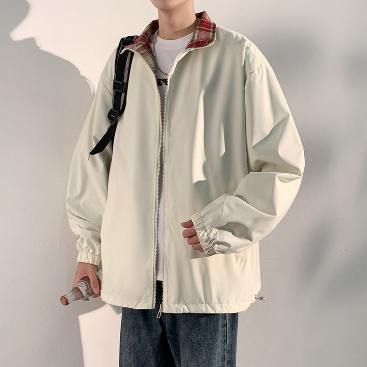 Herren Oversize‑Utility Übergangsjacke mit Reißverschluss und kontrastierendem Karo‑Innenkragen Drune