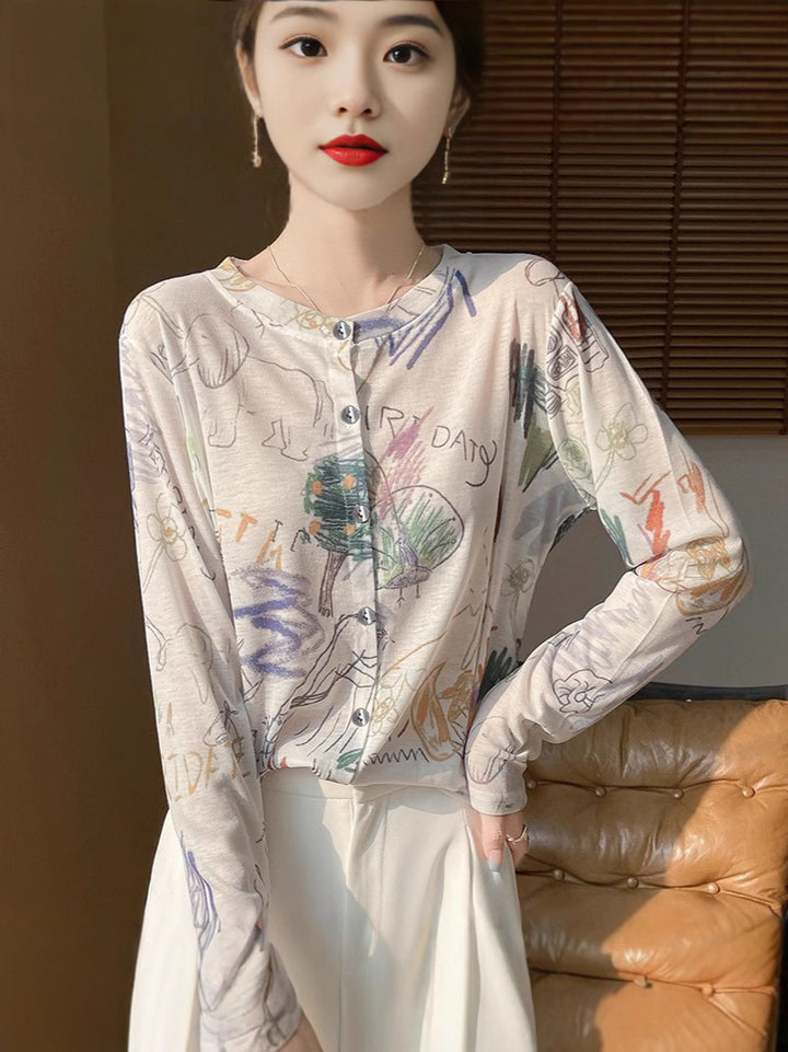 Damen Leichter Aquarell‑Print Feinstrick‑Cardigan mit Rundhalsausschnitt und Knopfleiste Drune