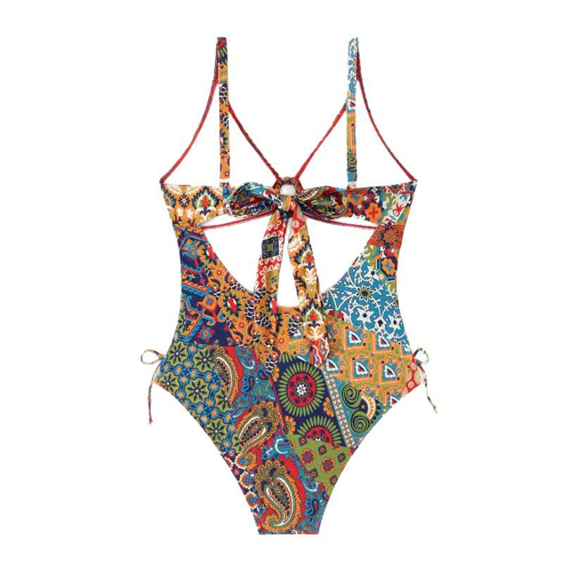 Damen Design-Badeanzug mit dekorativem Knoten und buntem Muster Drune