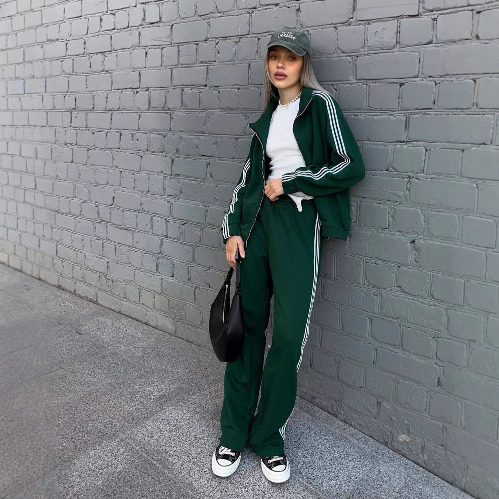 Damen sportlicher Velours-Sportanzug mit hohem Kragen und elegantem Reißverschluss Drune